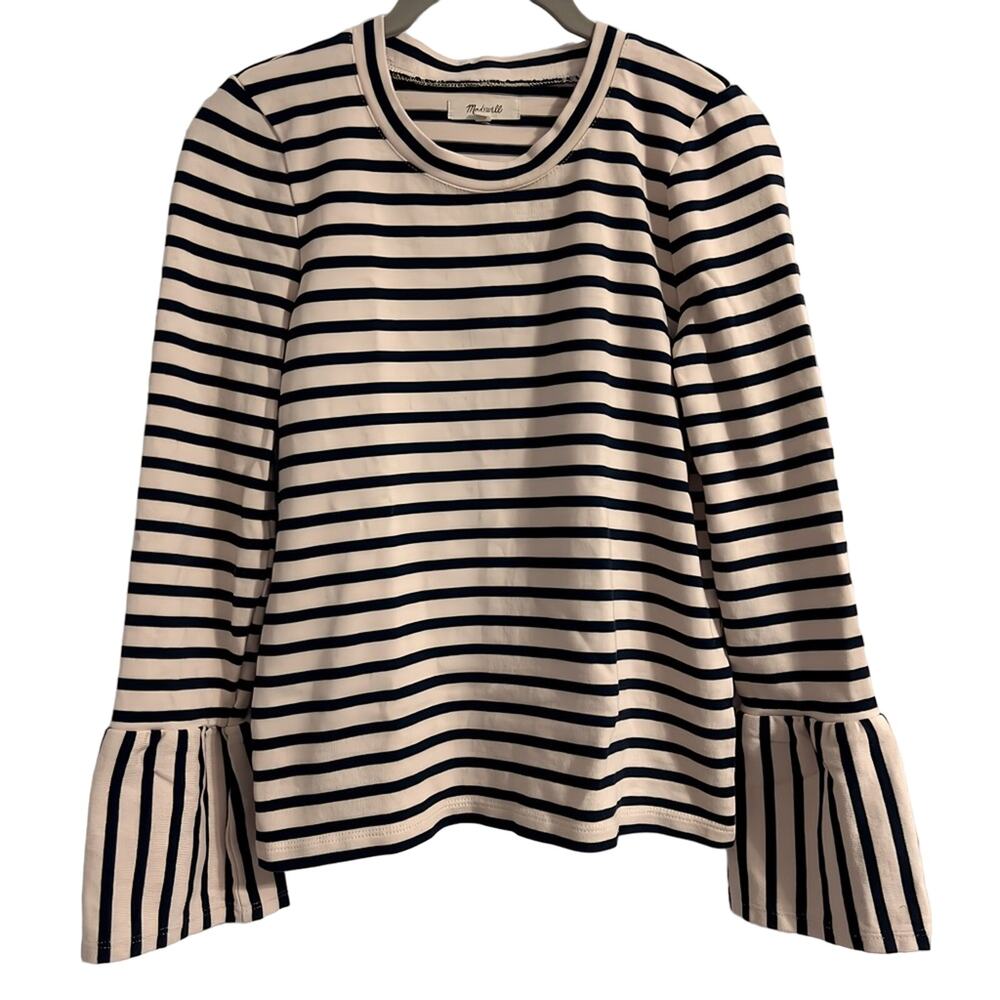 Madewell Women's Top Size XS Ivory& Black Stripe Bell Sleeve - Picture 4 of 7